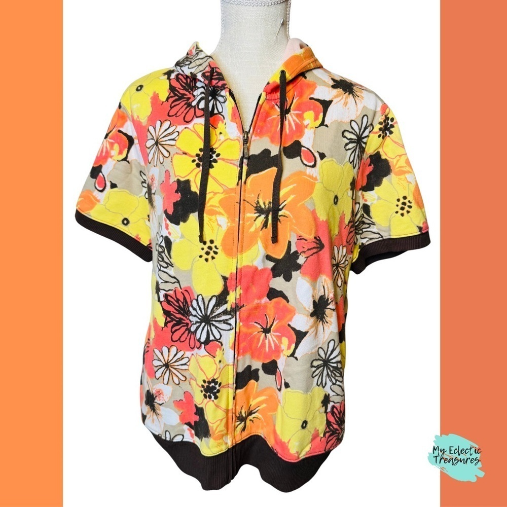 Cato Floral Zip-Up Hoodie - Yellow, Orange, Brown XL